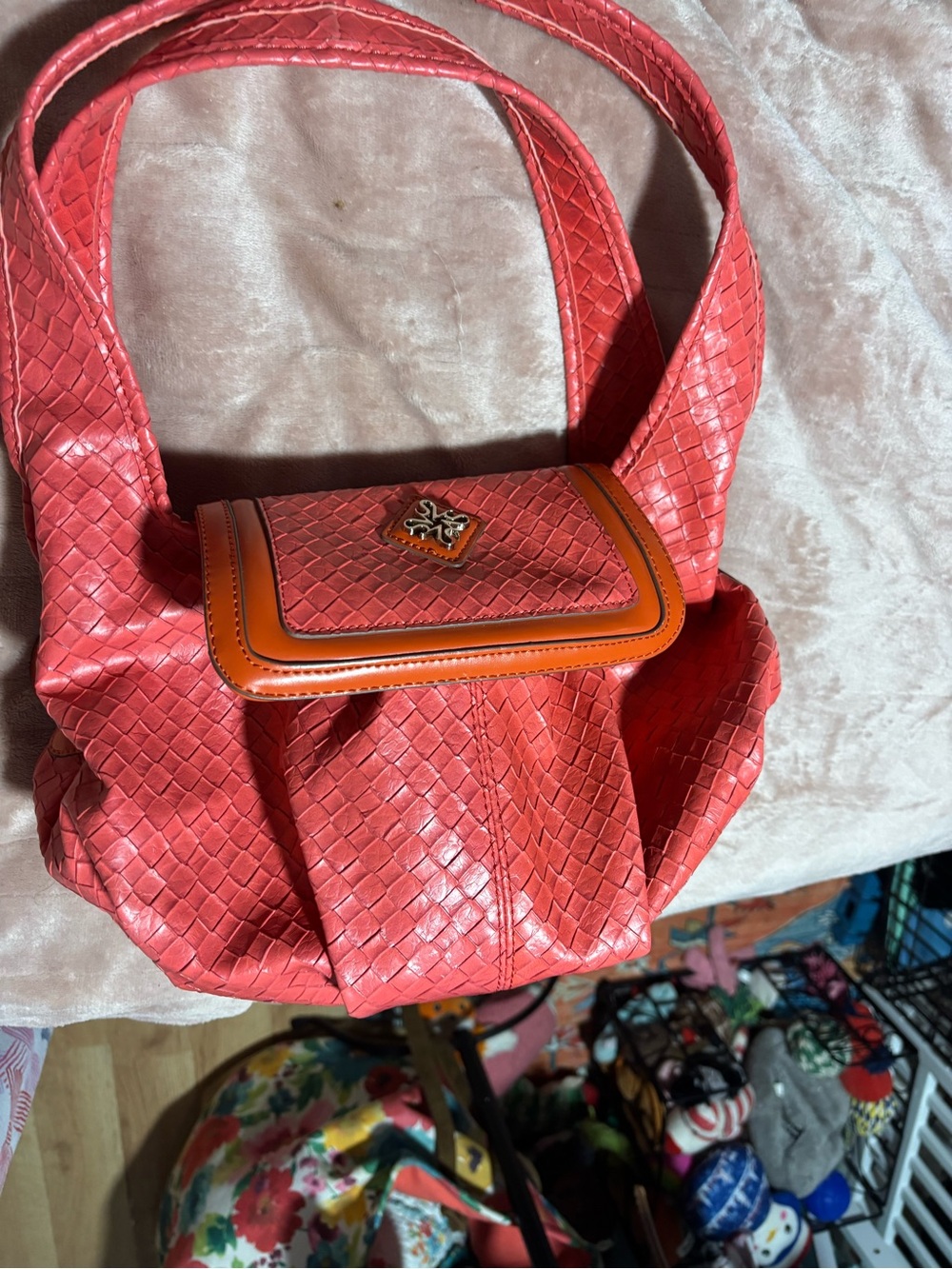 Simply Vera Vera Wang Coral Woven Shoulder Bag with Tan Trim